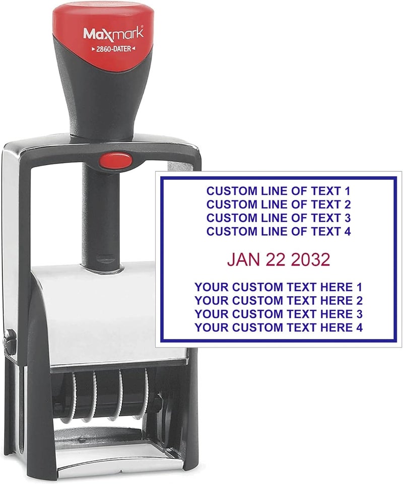 MaxMark Heavy Duty Date Stamp with 8-Line Custom Text, Self Inking Date Stamp - 2860 - Choose from Many Font and Color Options - Image 1